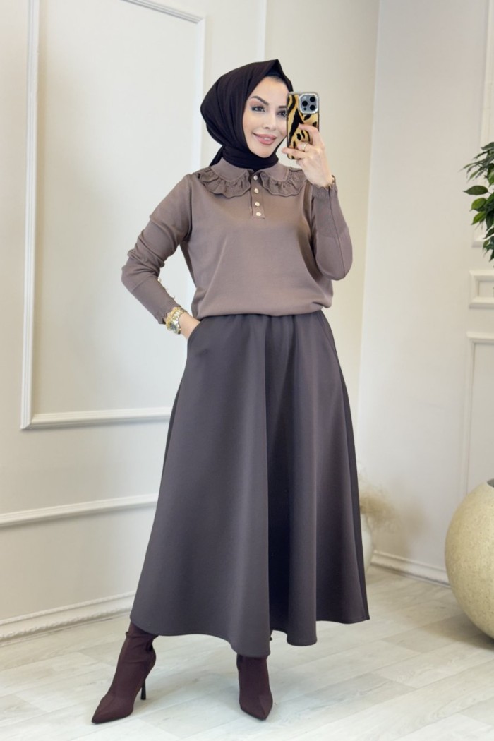 260 Dantelli Bebe Yaka Triko Tunik Vizon 