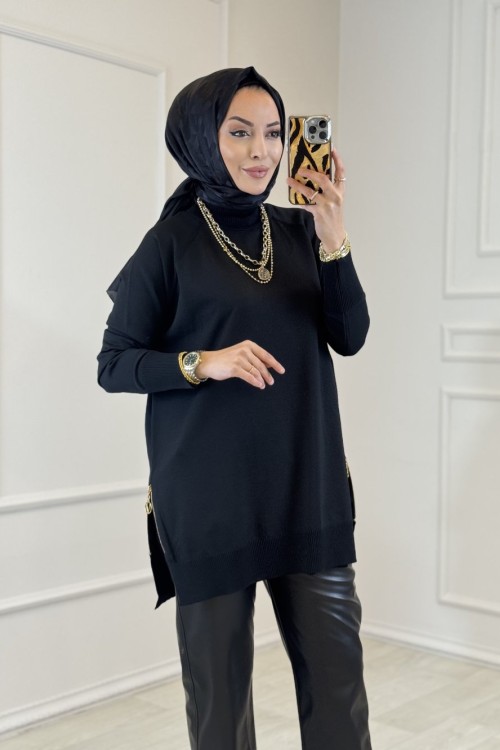 302 Yanları Fermuarlı Triko Tunik Siyah 