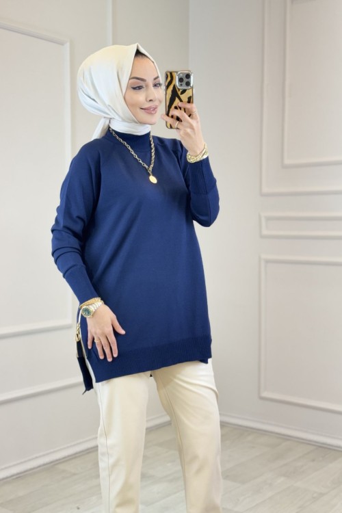 302 Yanları Fermuarlı Triko Tunik Lacivert 