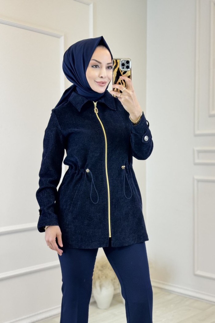 27008 Kadife Bel Bağcıklı Fermuarlı Kap Lacivert 