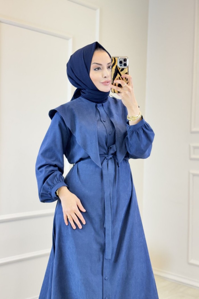 38296 Yaka Detaylı Kemerli Elbise Lacivert 