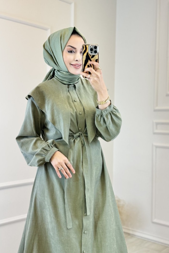 38296 Yaka Detaylı Kemerli Elbise Haki 