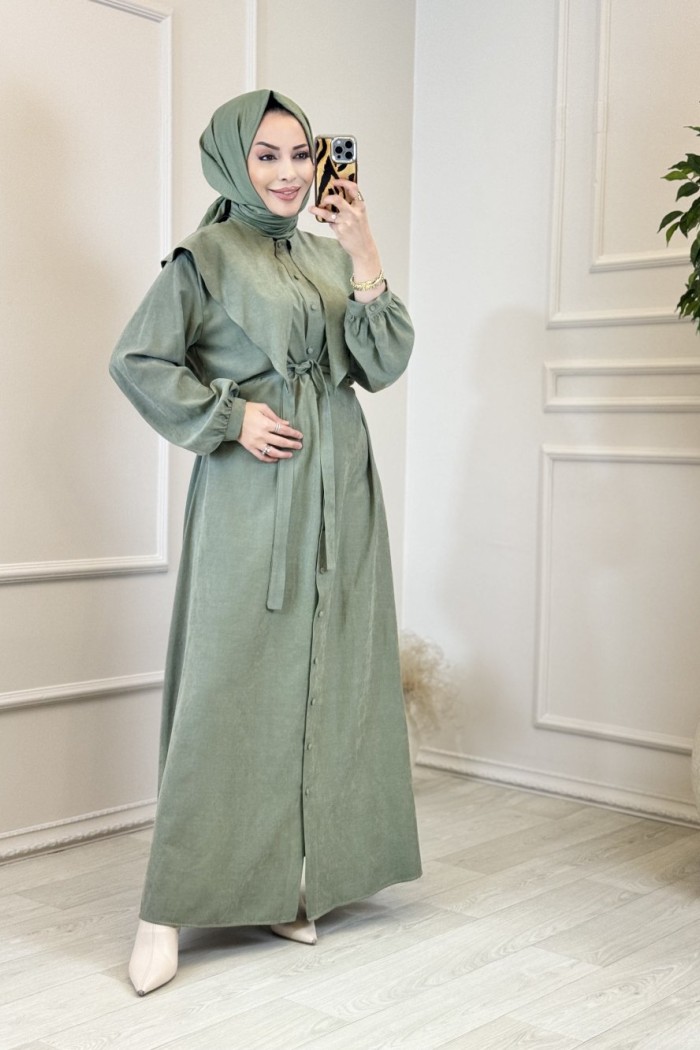 38296 Yaka Detaylı Kemerli Elbise Haki 