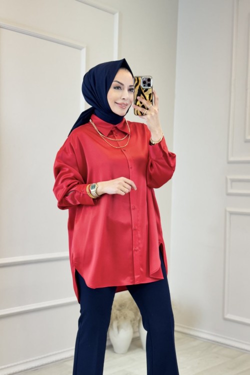 36770 Saten Oversize Gömlek Kırmızı