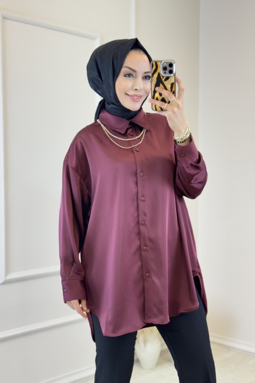 36770 Saten Oversize Gömlek Bordo 