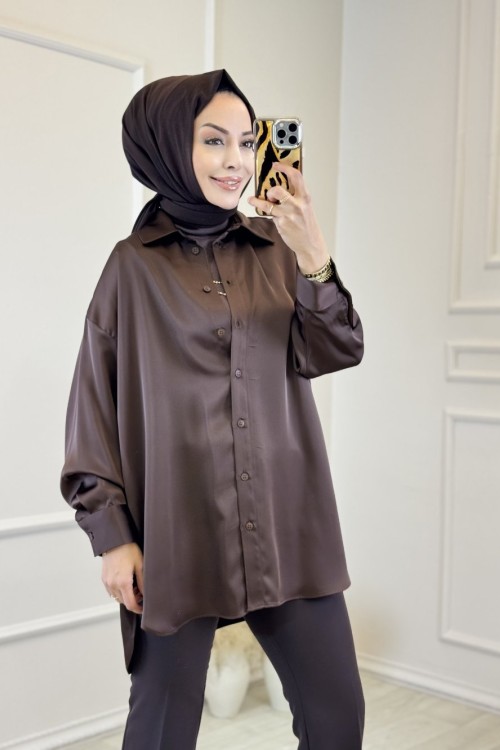 36770 Saten Oversize Gömlek Kahve