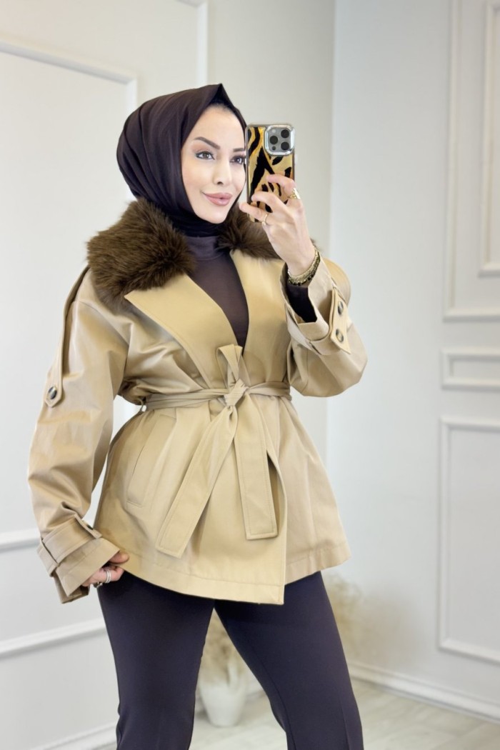 1006649 Kontrast Kürk Yakalı Trenç Camel 
