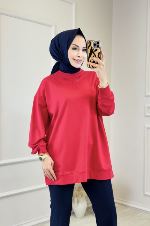 38045 Taş Ve Nakış Detaylı Sweat Shirt Kırmızı