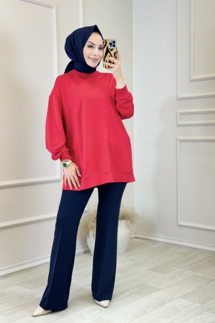 38045 Taş Ve Nakış Detaylı Sweat Shirt Kırmızı