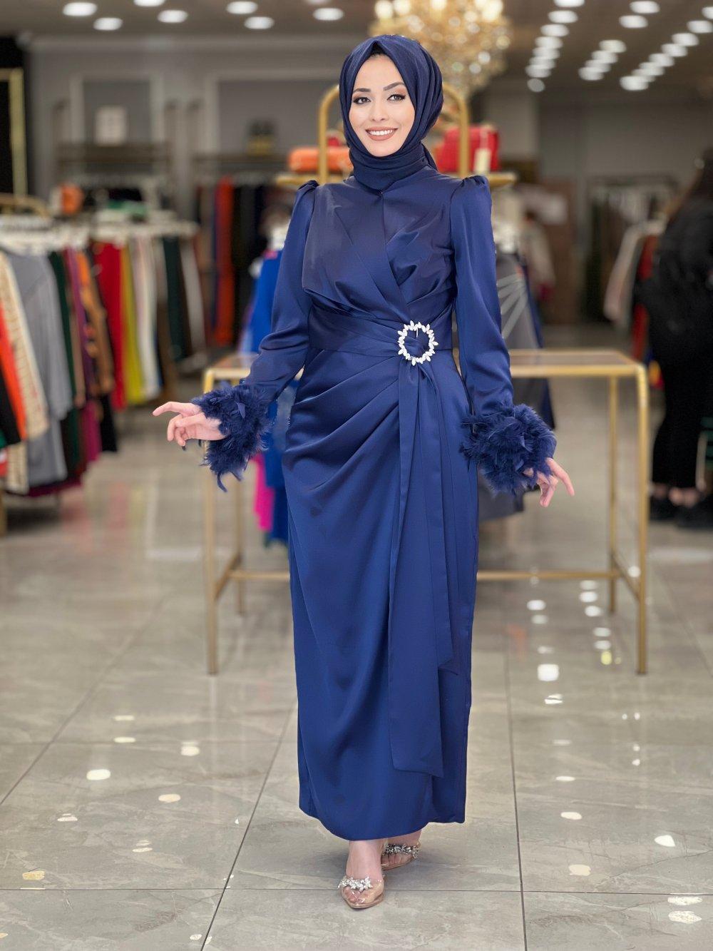 12417 Kolları Tüylü Abiye Elbise Lacivert LACİVERT Modelleri En Uygun  Fiyatlarla
