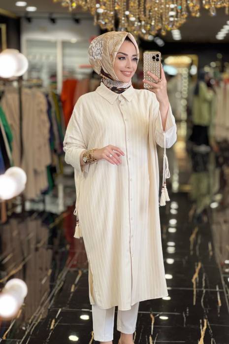 10325 Kendinden Çizgi Kolu Bağcıklı Tunik Bej