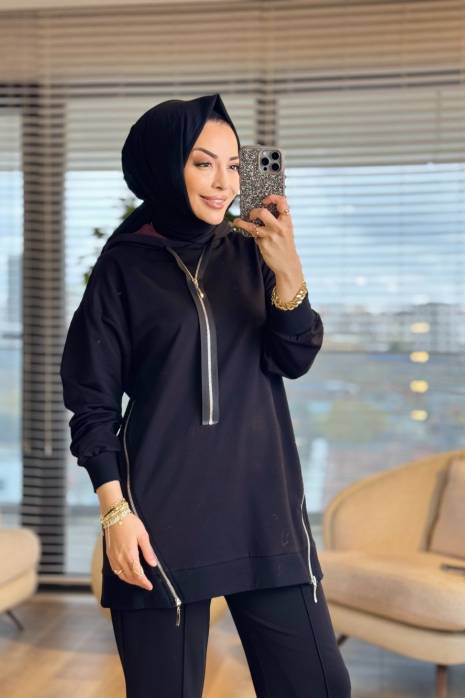 10731 Eteği Verev Fermuarlı Kap Siyah Bordo