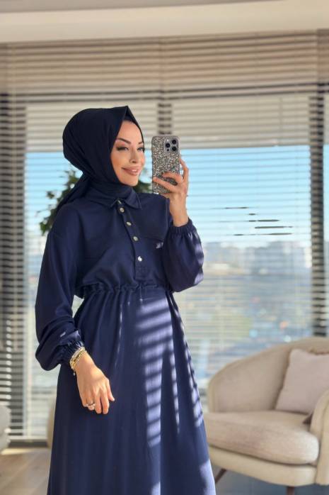 12655 Patı Çıtçıtlı Beli Büzgülü Elbise Lacivert