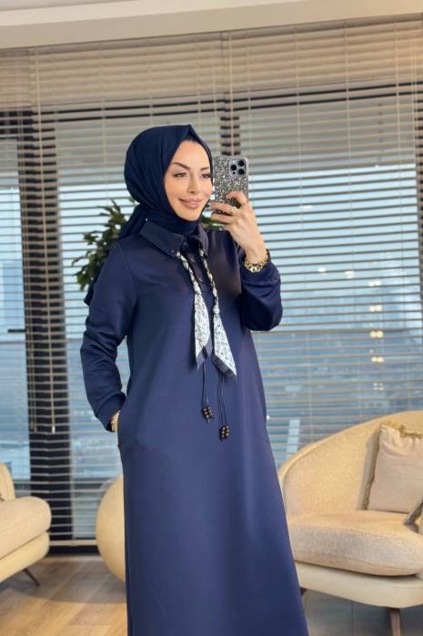 12669 Fularlı Patı Düğmeli Elbise Lacivert