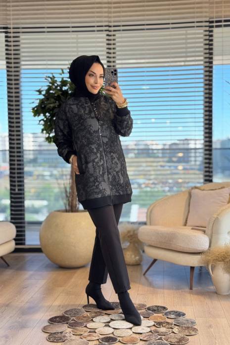 14-1161 Kabartma Desen Fermuarlı Ceket İndigo