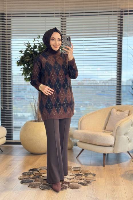 140542 Baklava Desenli Simli Tunik Siyah Kahve