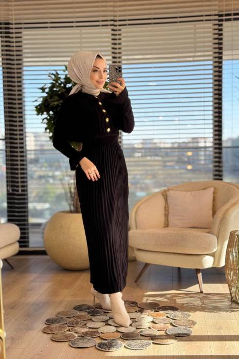 14502 Gold Düğmeli Triko Elbise 2li Takım Siyah