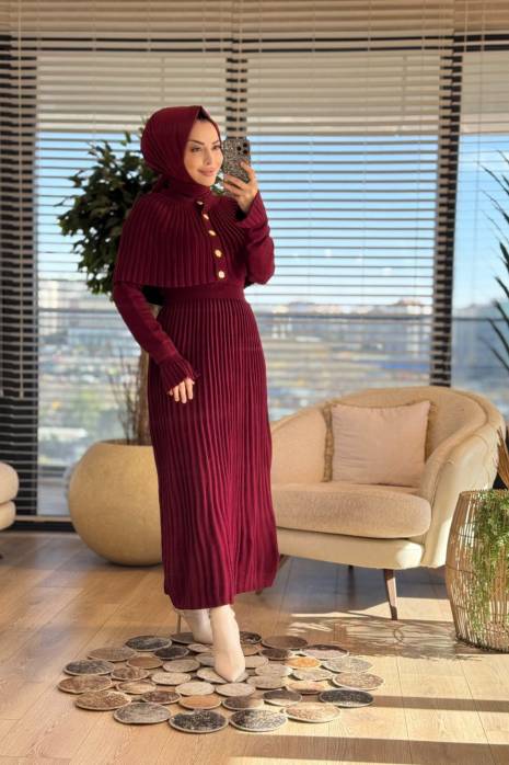 14502 Gold Düğmeli Triko Elbise 2li Takım Bordo
