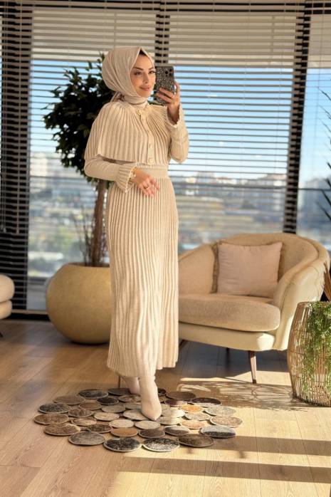 14502 Gold Düğmeli Triko Elbise 2li Takım Bej