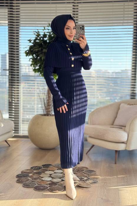 14502 Gold Düğmeli Triko Elbise 2li Takım Koyu Lacivert