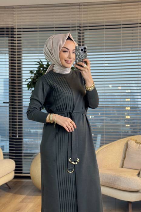 146 Sol Arka Ön Şeritli Triko Elbise Haki