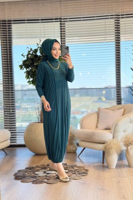 1509 Lina Önü Parçalı Elbise Zümrüt