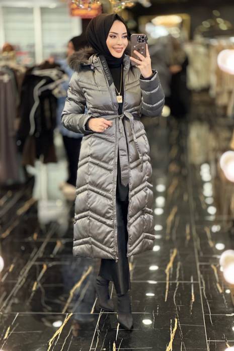 18272 Roma Kapşonu Kürklü Şişme Kaban Gri