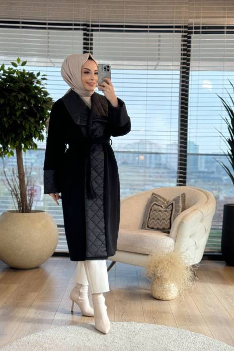 20111 Patı Ve Kol Ucu Baklava Dikişli Kaban Siyah