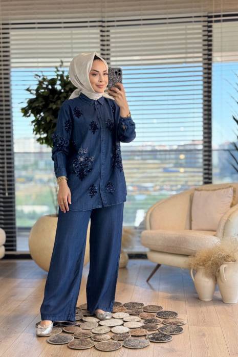 2030 Tencel Kol Ön Pul Nakış Gömlek Koyu Mavi