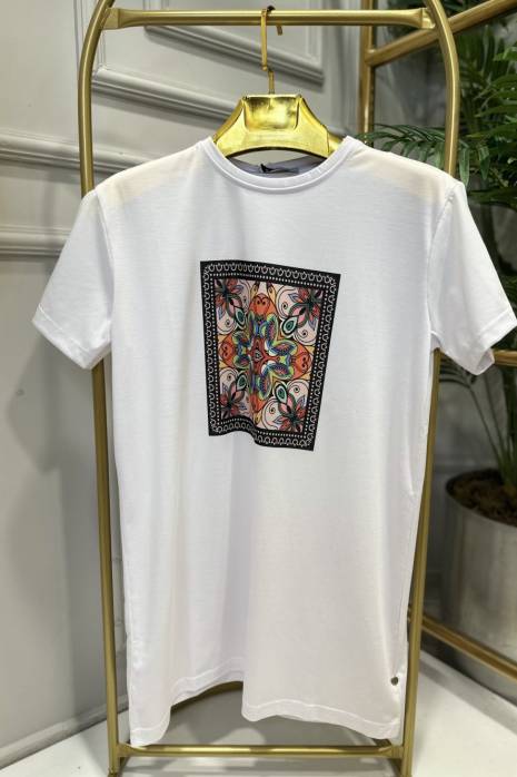 20400-12 Önü Etnik Desen Bluz Beyaz