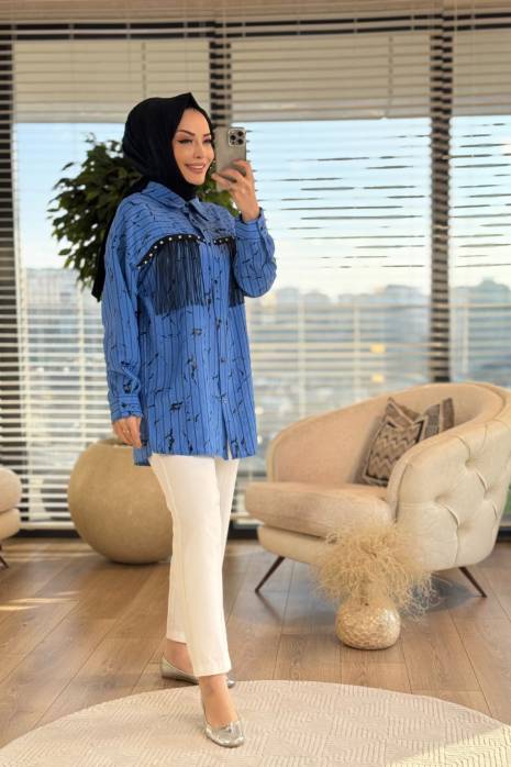 2052 Robası Taş Ve Saçak Detaylı Çizgili Gömlek Mavi