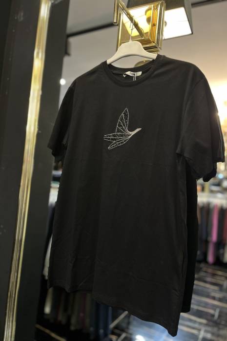 2059 Ön Kuş Nakışlı Kısa Kol Bluz Siyah