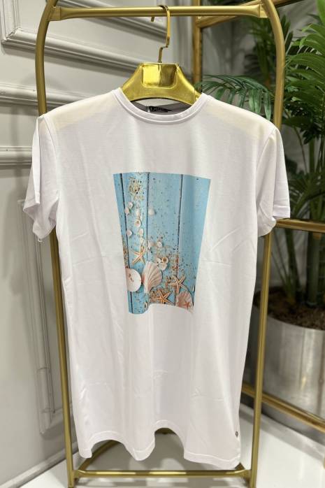 24001-19 Önü Midye Desen Bluz Beyaz