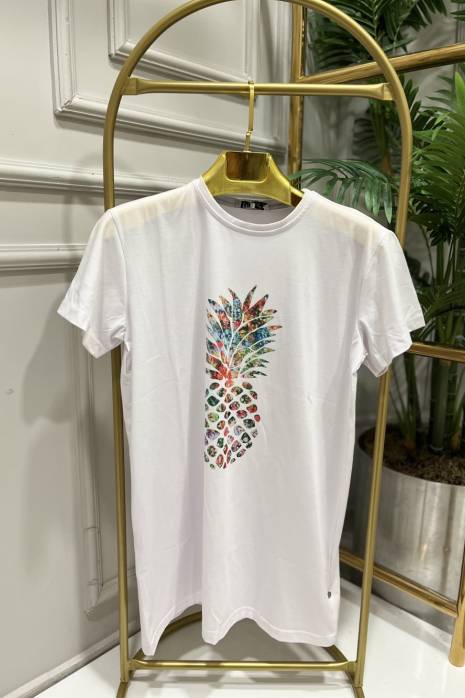 24001-2 Önü Ananas Desen Bluz Beyaz