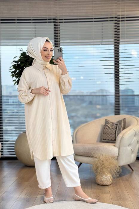 24193 Boyuna Çizgili Uzun Gömlek Bej