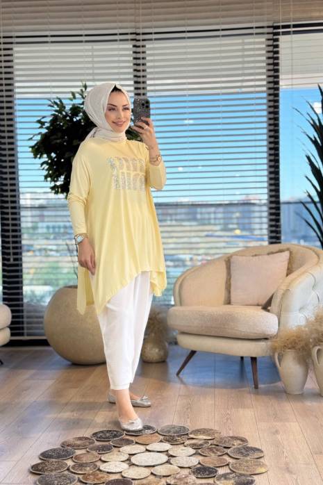24277 Önü Taş Yazılı Tunik Sarı