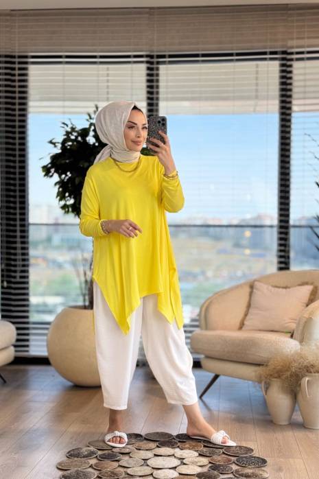 24278 Yanları Yırtmaçlı Penye Tunik Sarı