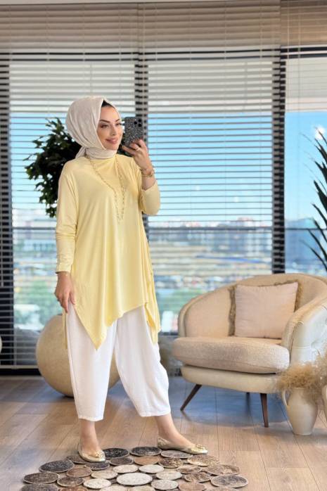 24278 Yanları Yırtmaçlı Penye Tunik Açık Sarı