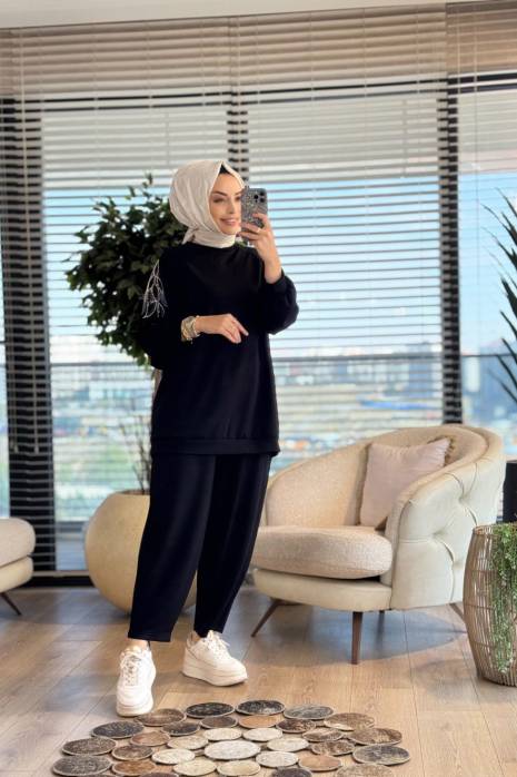 24361 Sol Omzu Boncuk İşli Tunik Siyah