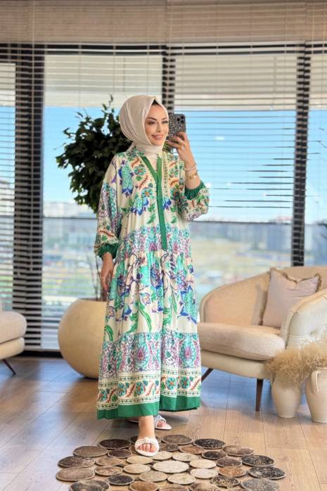 24EL078 Büyük Çiçek Desenli V Yaka Elbise Yeşil
