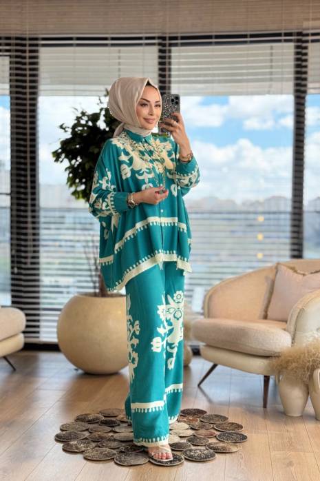 24TK284 Motif Ve Damla Desenli Takım Petrol