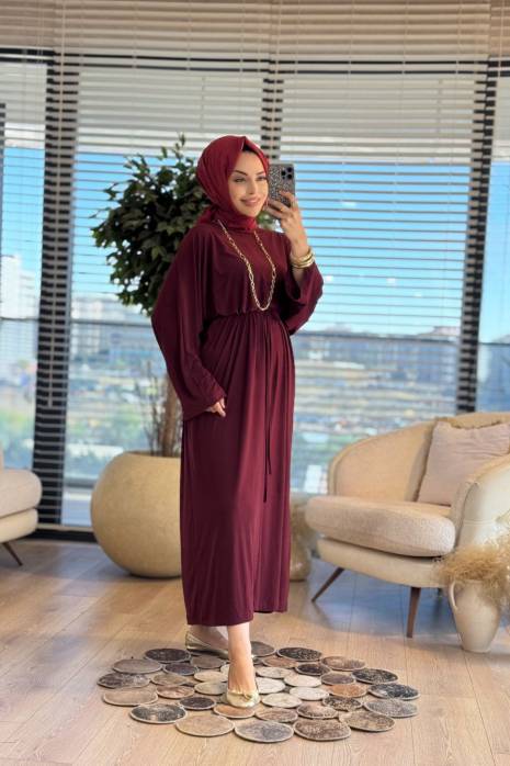 25117 Belden Bağlamalı Elbise Bordo