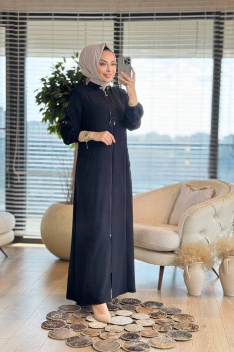 2535 Kolu Şeritli Pardesü Siyah