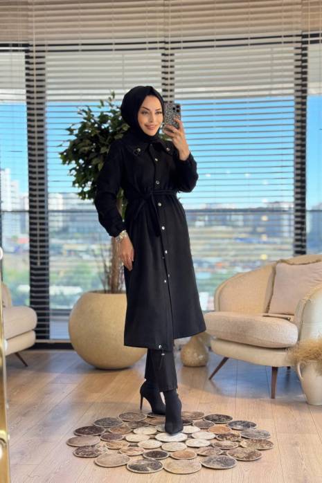 2569 Yakası Lastikli Süet Pardesü Siyah