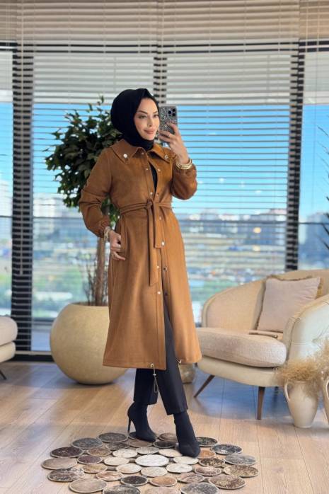 2569 Yakası Lastikli Süet Pardesü Taba