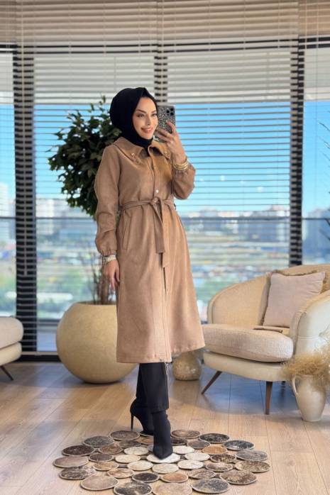 2569 Yakası Lastikli Süet Pardesü Bej
