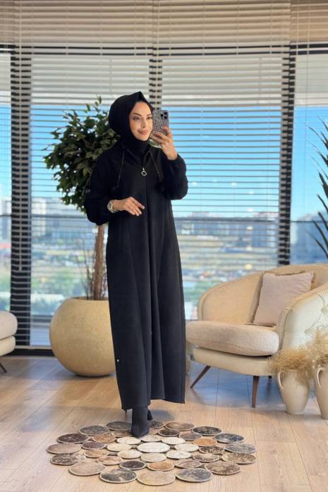 2571 Kolu Şeritli Süet Pardesü Siyah