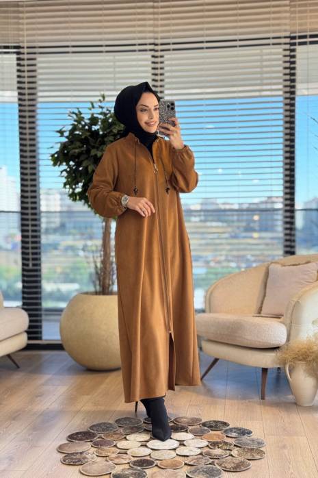 2572 Zincirli Hakim Yaka Süet Pardesü Taba