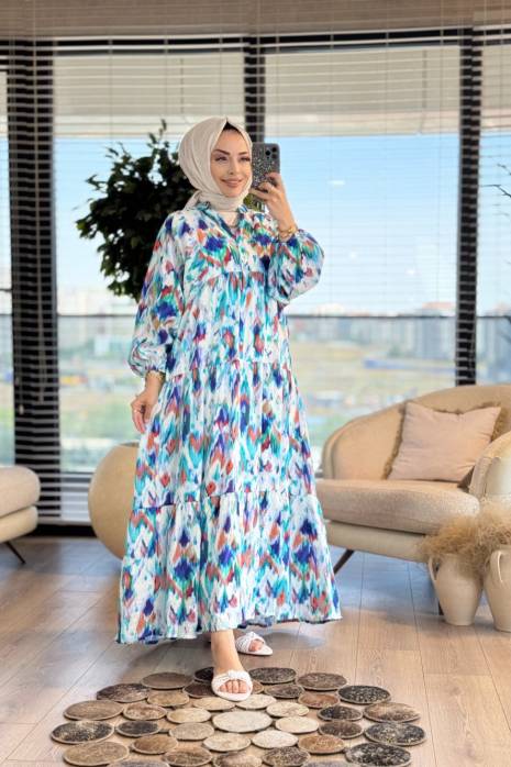 25EL296 Suluboya Desen Elbise Turkuaz