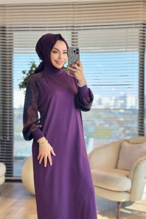 277 Kolları Kumaş Desenli Triko Elbise Mürdüm